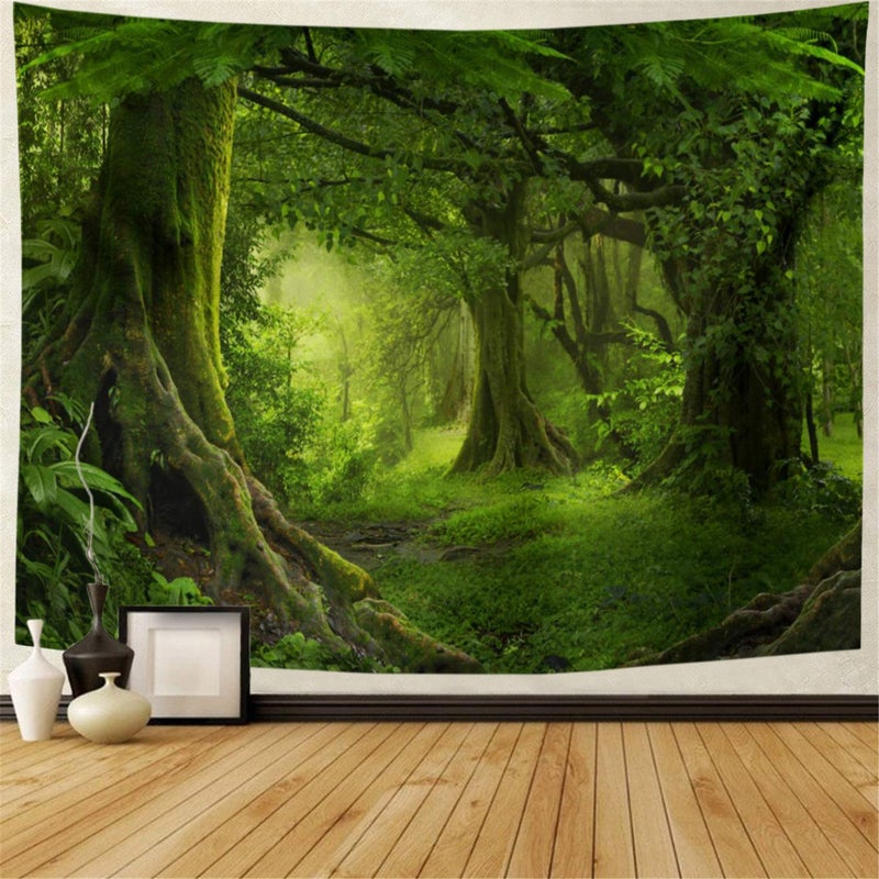 Lahasbja Misty Forest Tapestry Green Tree in Jungle Forest Tapestries Wall Hanging Nature Scenery Woodland Backdrop for Living Room Bedroom (XL/70.8"Ã—92.5", Green Trees) - Image 1